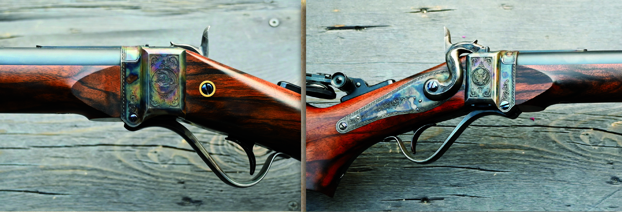 Close-up of the superb and distinctive engraving by Suzi Bradley on the Shiloh 1877 rifle.